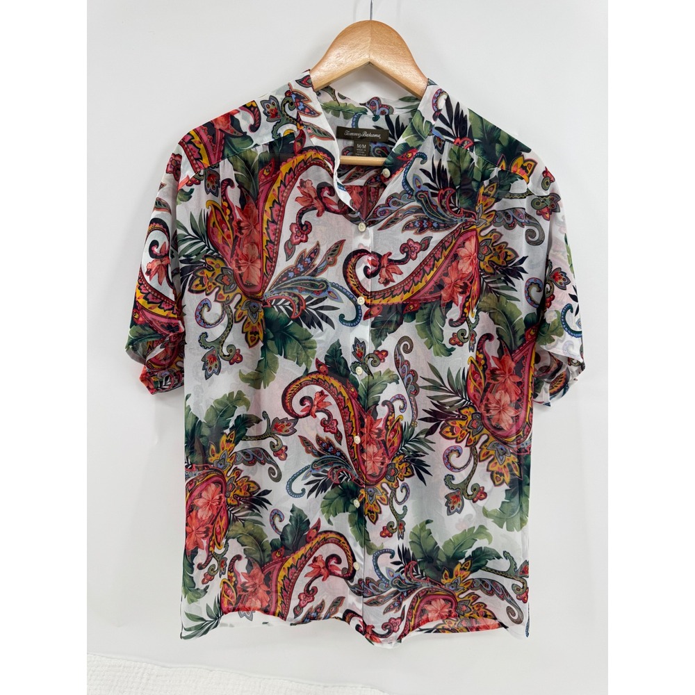Tommy Bahama Button Front Top Size M Vibrant Tropical Print Semi Sheer Short Slv